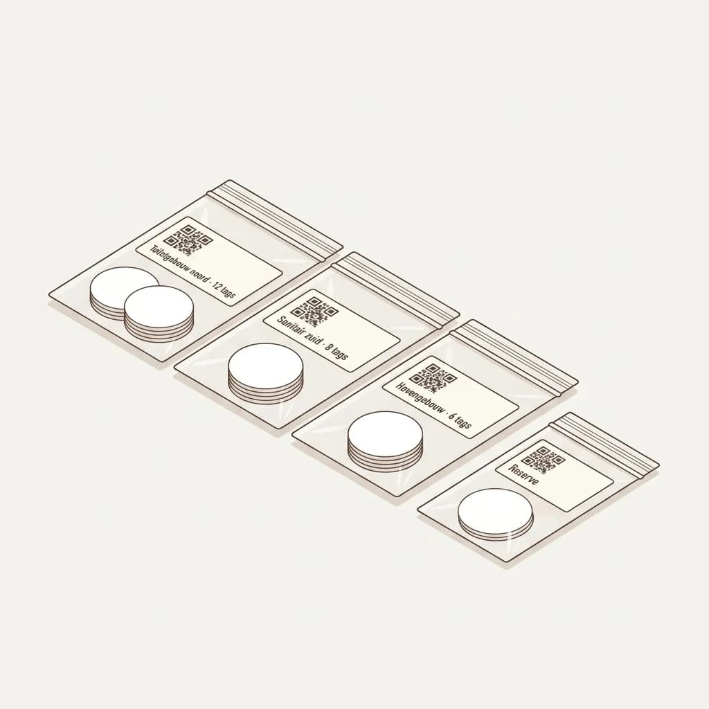 Per gebouw een zakje met NFC-tags en een etiket, plus een zakje reservetags