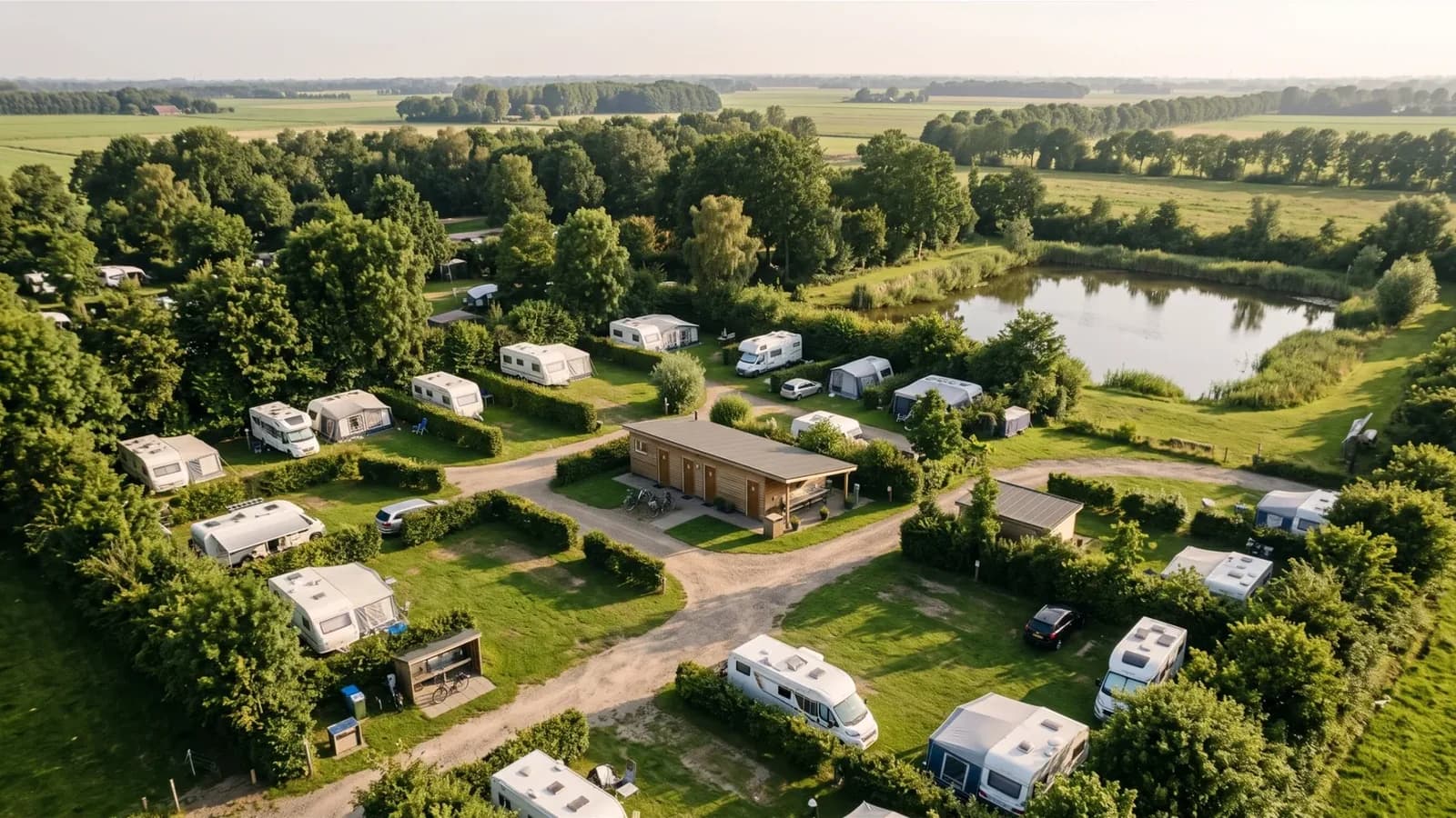 Luchtfoto van een Nederlandse camping met caravans, een sanitairgebouw en een meertje
