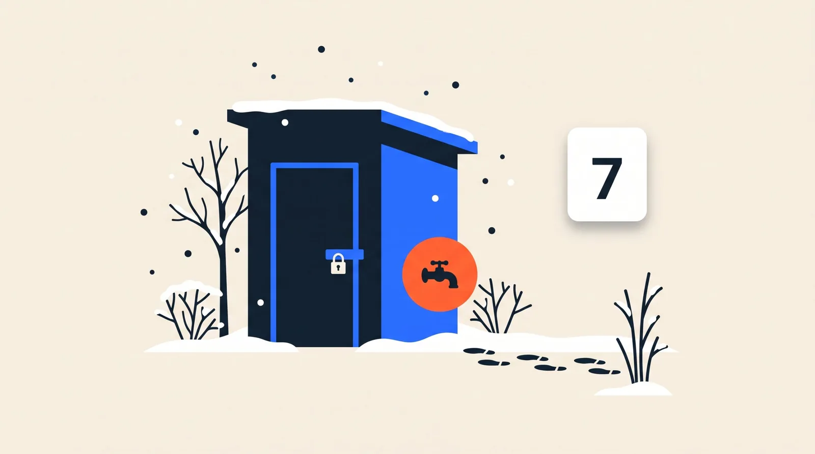 Een gesloten sanitairgebouw in de sneeuw met een gemarkeerde buitenkraan en het getal 7.